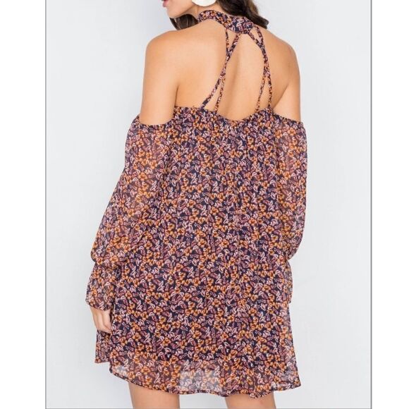 Lulu's En Creme Off The Shoulder Strappy Cage Back Long Sleeve Choker Neck Dress - Picture 4 of 6